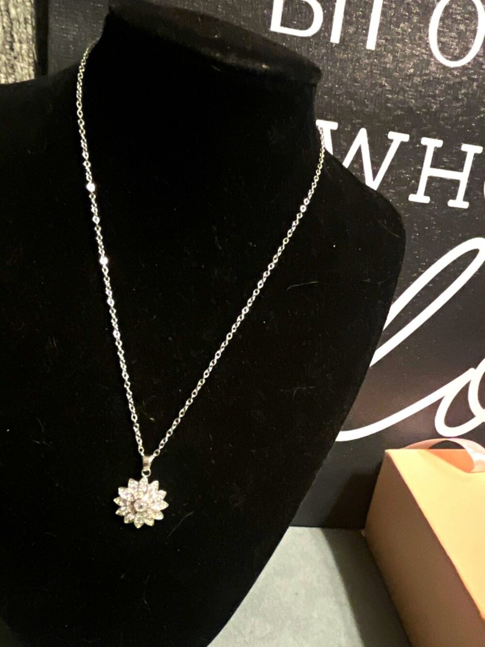 Silver Tone Crystal Flower Charm Pendant Necklace on Adjustable Cable Chain